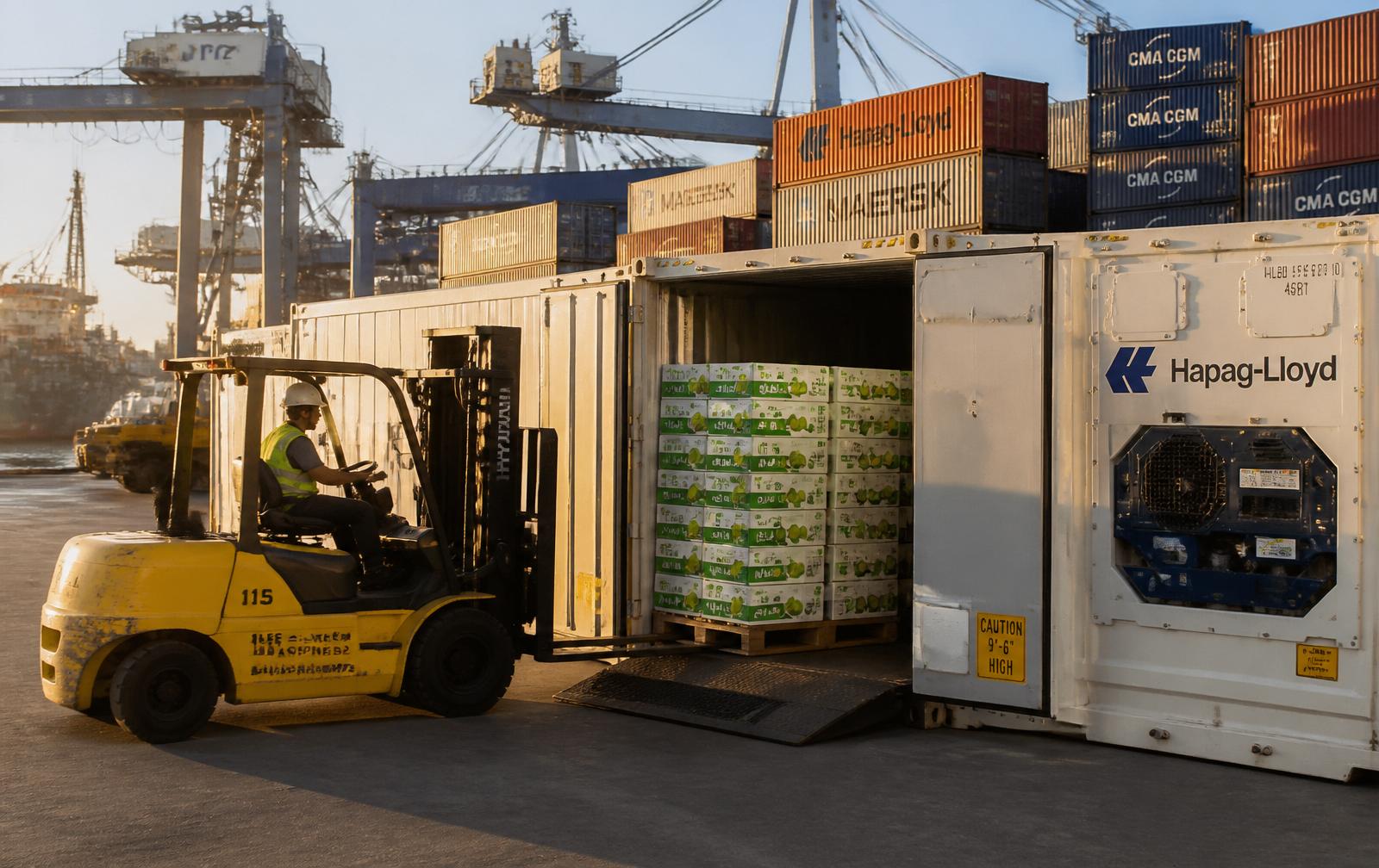 Pallets of Tahiti lime cartons loaded into a refrigerated container at port