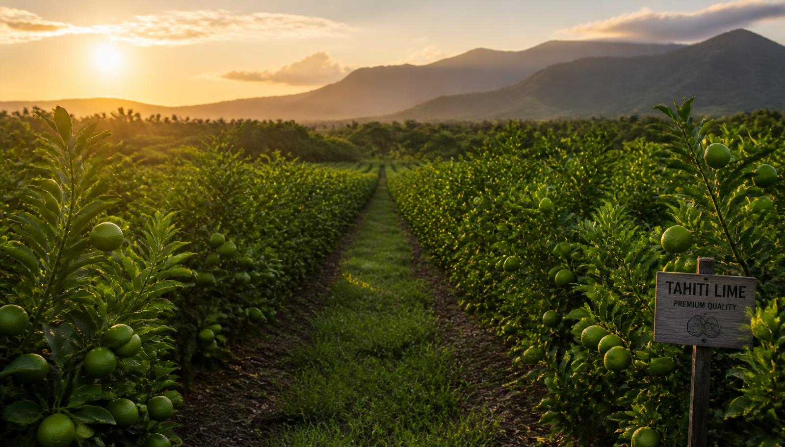 Tahiti lime orchard rows at golden hour with hills behind